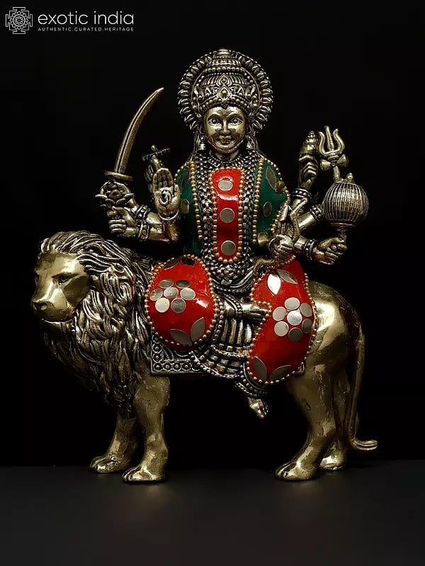 exotic india 6" Small Superfine Goddess Durga (Sherawali Maa) | Brass Statue with Inlay Work 