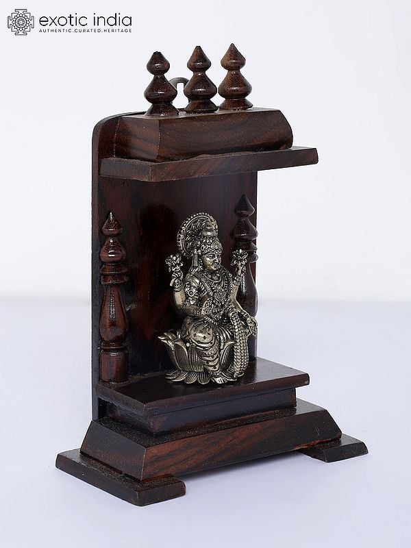 Exotic India 6" Small Superfine Goddess Lakshmi Temple | Brass Statue With Wooden Temple | Wall Hanging 