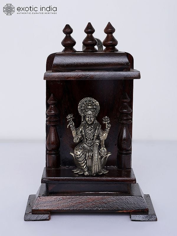 exotic india 6" Small Superfine Goddess Lakshmi Temple | Brass Statue with Wooden Temple | Wall Hanging 
