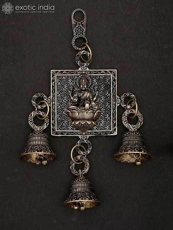 Exotic India 6" Small Superfine Lakshmi Ganesha Saraswati Wall Hanging Bells | Brass Statues 