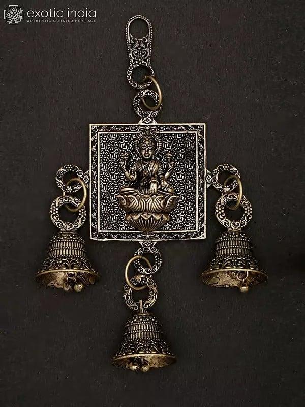 Exotic India 6" Small Superfine Lakshmi Ganesha Saraswati Wall Hanging Bells | Brass Statues 