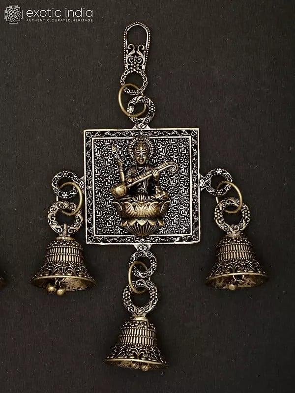 Exotic India 6" Small Superfine Lakshmi Ganesha Saraswati Wall Hanging Bells | Brass Statues 