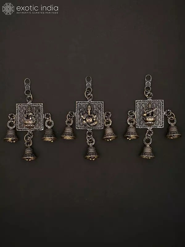 exotic india 6" Small Superfine Lakshmi Ganesha Saraswati Wall Hanging Bells | Brass Statues 