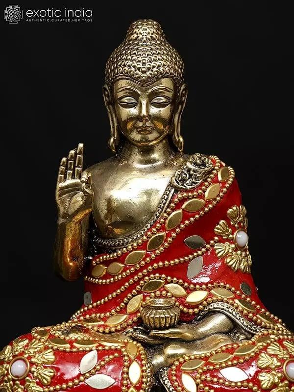 Exotic India 6" Small Superfine Sitting Lord Buddha In Vitark Mudra | Brass Statue With Inlay Work 