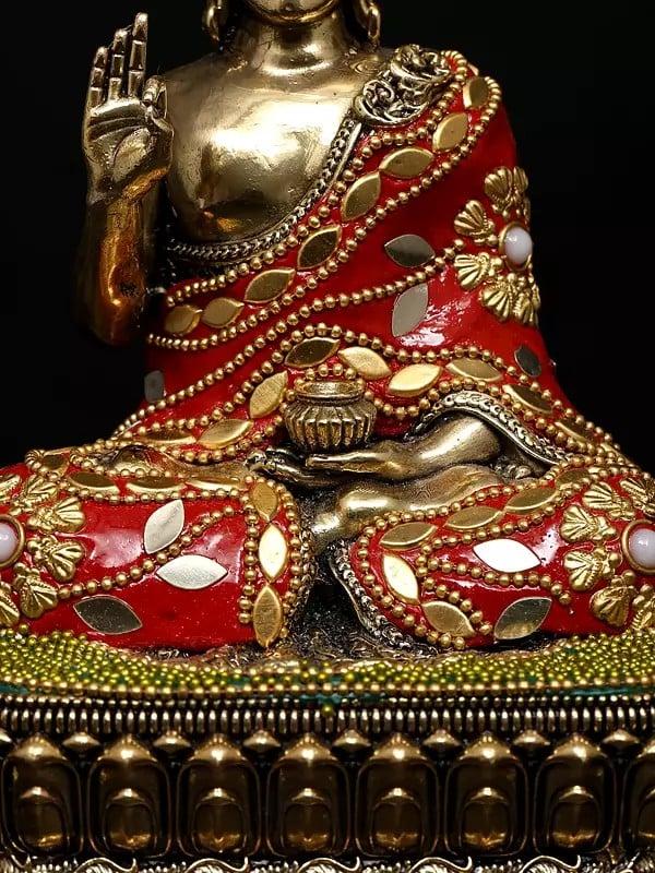 Exotic India 6" Small Superfine Sitting Lord Buddha In Vitark Mudra | Brass Statue With Inlay Work 