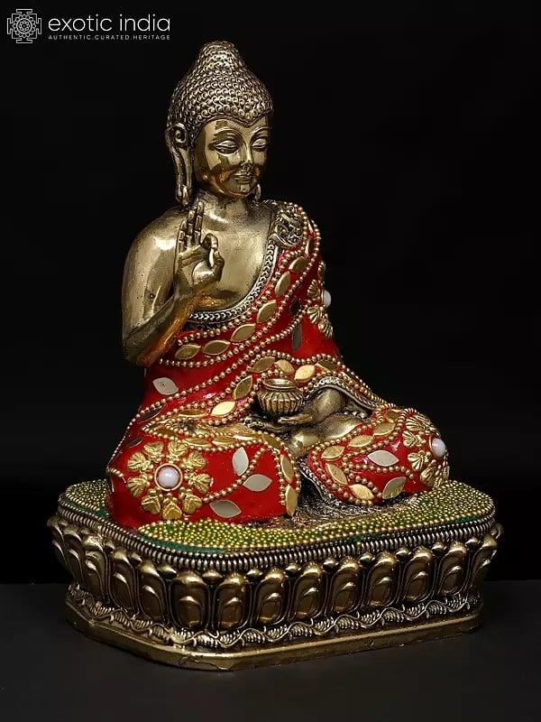 Exotic India 6" Small Superfine Sitting Lord Buddha In Vitark Mudra | Brass Statue With Inlay Work 