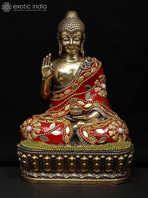 exotic india 6" Small Superfine Sitting Lord Buddha in Vitark Mudra | Brass Statue with Inlay Work 