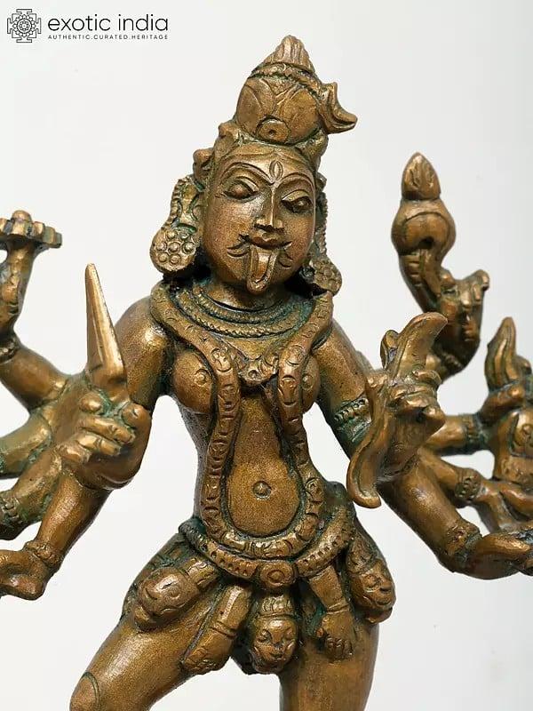 Exotic India 6" Small Ten Armed Goddess Kali Standing On Lord Shiva | Madhuchista Vidhana (Lost-Wax) | Panchaloha Bronze From Swamimalai 