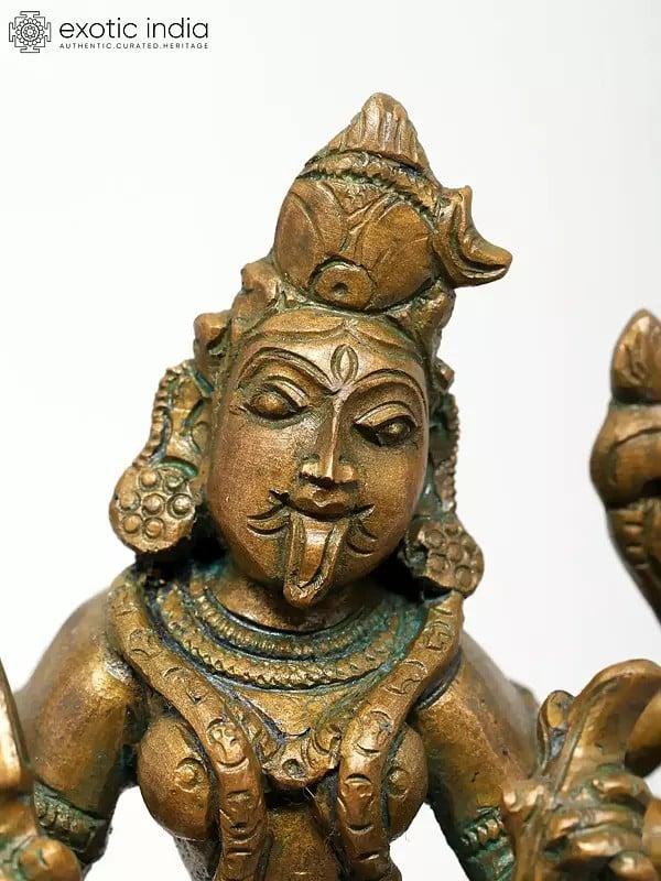 Exotic India 6" Small Ten Armed Goddess Kali Standing On Lord Shiva | Madhuchista Vidhana (Lost-Wax) | Panchaloha Bronze From Swamimalai 