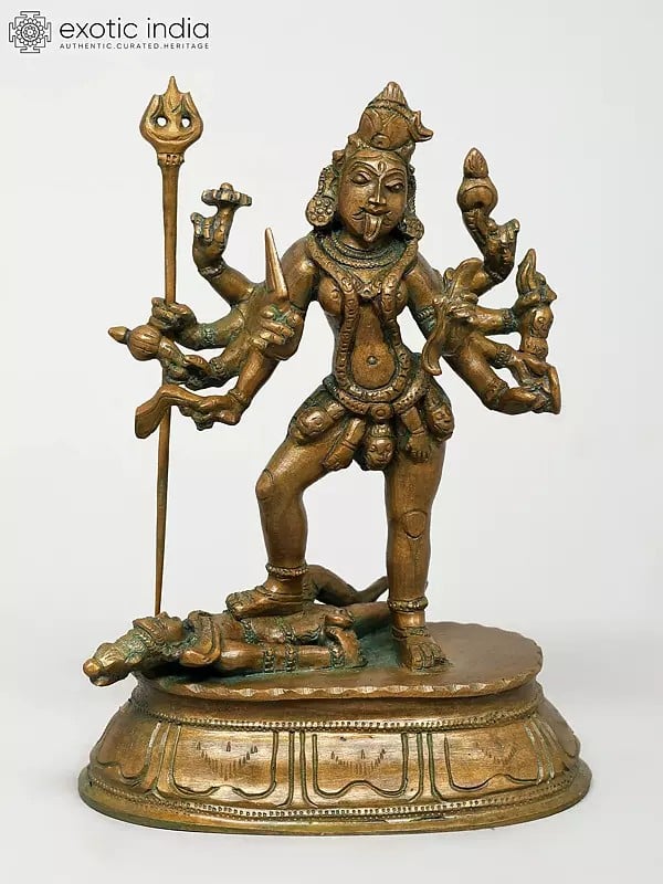 exotic india 6" Small Ten Armed Goddess Kali Standing on Lord Shiva | Madhuchista Vidhana (Lost-Wax) | Panchaloha Bronze from Swamimalai 