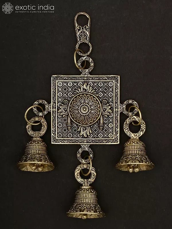 Exotic India 6" Superfine Chakra Tilak And Conch Bells In Brass | Set Of Three | Wall Hanging 