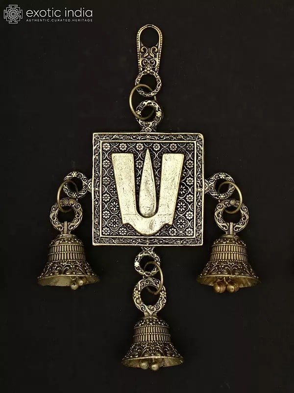 Exotic India 6" Superfine Chakra Tilak And Conch Bells In Brass | Set Of Three | Wall Hanging 