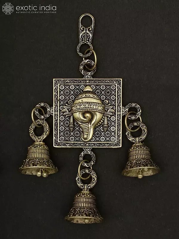 Exotic India 6" Superfine Chakra Tilak And Conch Bells In Brass | Set Of Three | Wall Hanging 