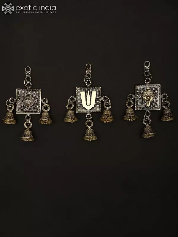 exotic india 6" Superfine Chakra Tilak and Conch Bells in Brass | Set of Three | Wall Hanging 