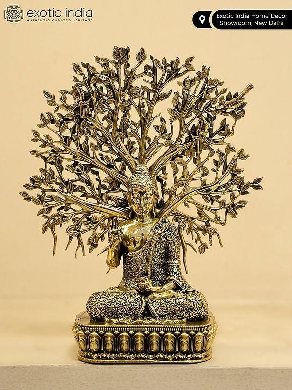Exotic India 6" Superfine Lord Buddha Seated Under The Bodhi Tree | Brass Statue 