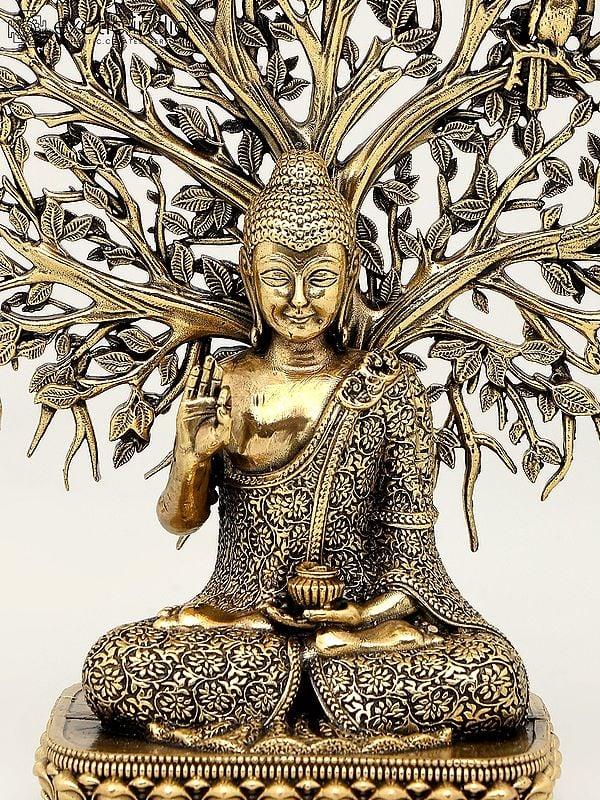 Exotic India 6" Superfine Lord Buddha Seated Under The Bodhi Tree | Brass Statue 