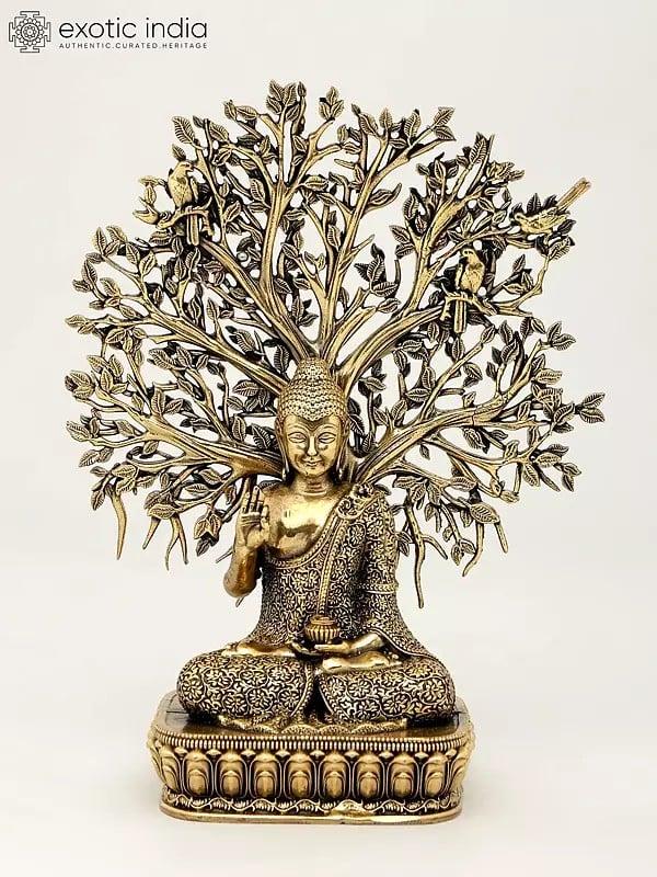 exotic india 6" Superfine Lord Buddha Seated Under The Bodhi Tree | Brass Statue 