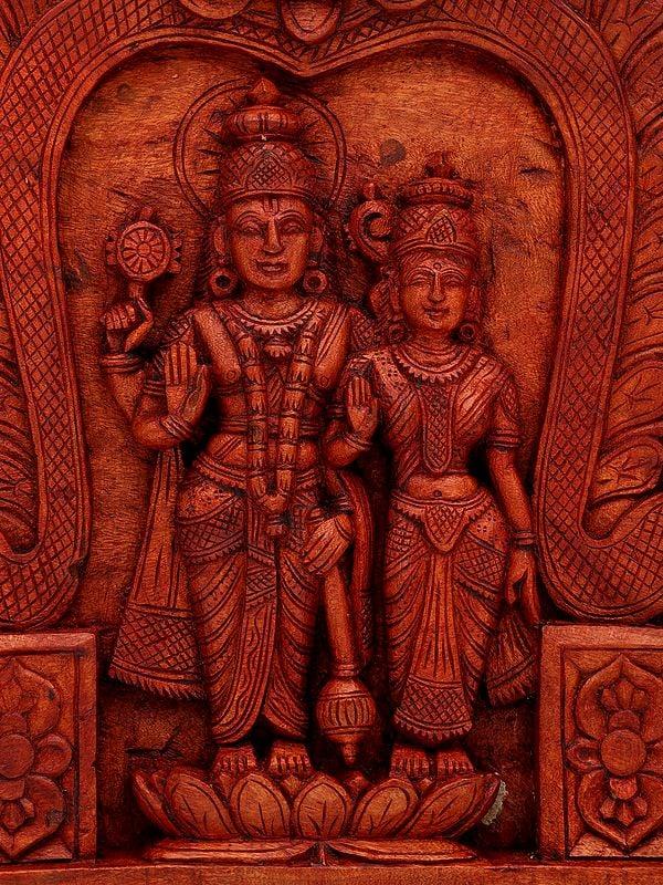 Exotic India 60" Large Size Lakshmi-Narayan Wall Panel With Ashtalakshmi | Wood Carving 