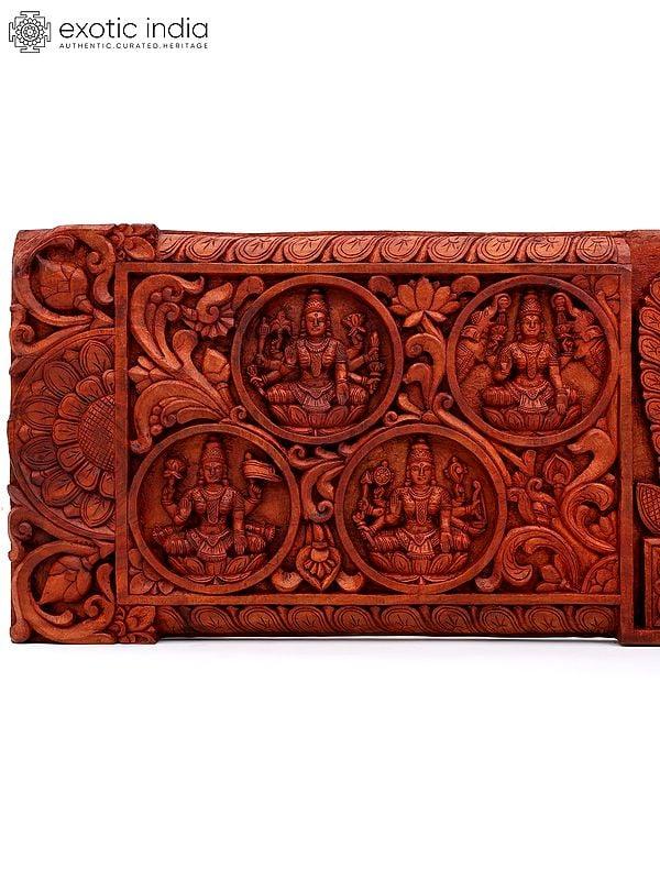 Exotic India 60" Large Size Lakshmi-Narayan Wall Panel With Ashtalakshmi | Wood Carving 