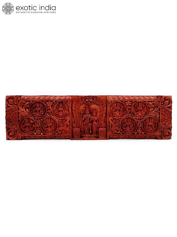 exotic india 60" Large Size Lakshmi-Narayan Wall Panel with Ashtalakshmi | Wood Carving 