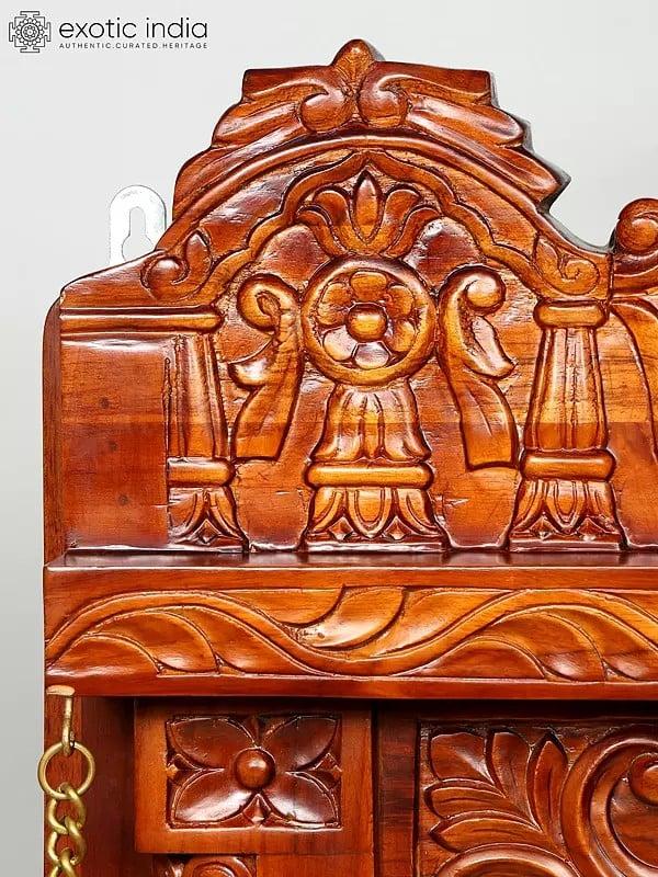 Exotic India 60" Large Size Wall Hanging Open Wood Temple With Brass Lamps And Bells