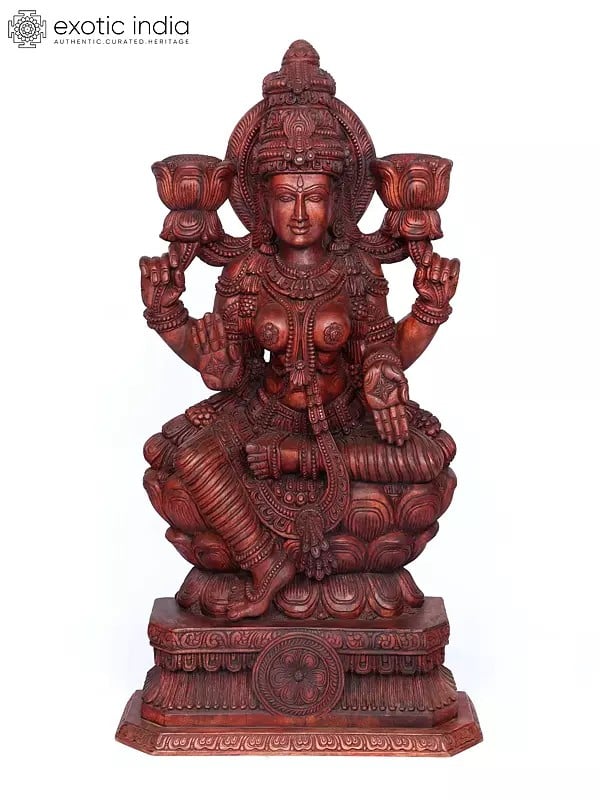 exotic india 62" Large Four Armed Blessing Goddess Lakshmi | Wood Carving 