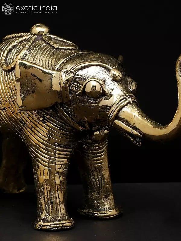 Exotic India 7" Brass Elephant With Upraised Trunk | Dhokra Art | Table Decor 