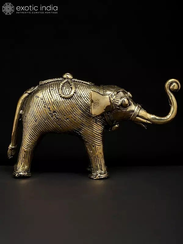 Exotic India 7" Brass Elephant With Upraised Trunk | Dhokra Art | Table Decor 