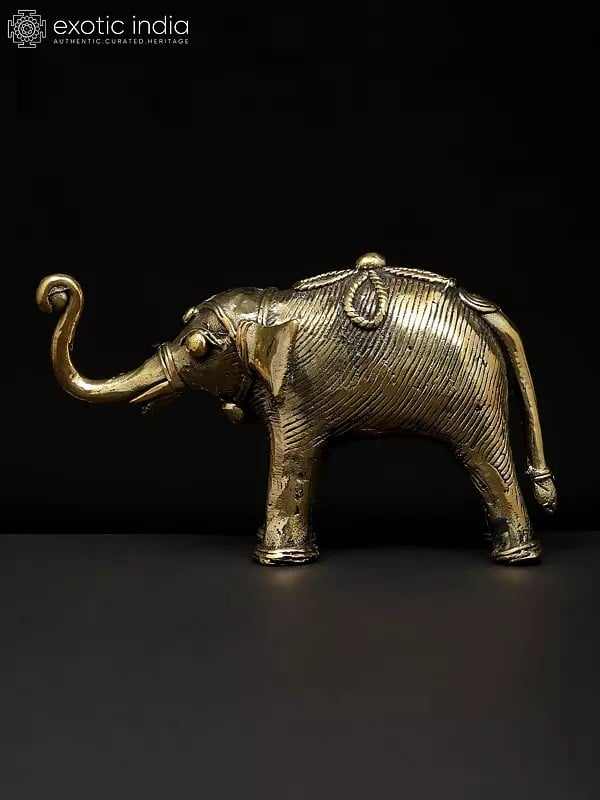 Exotic India 7" Brass Elephant With Upraised Trunk | Dhokra Art | Table Decor 