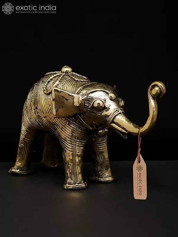 exotic india 7" Brass Elephant with Upraised Trunk | Dhokra Art | Table Decor 