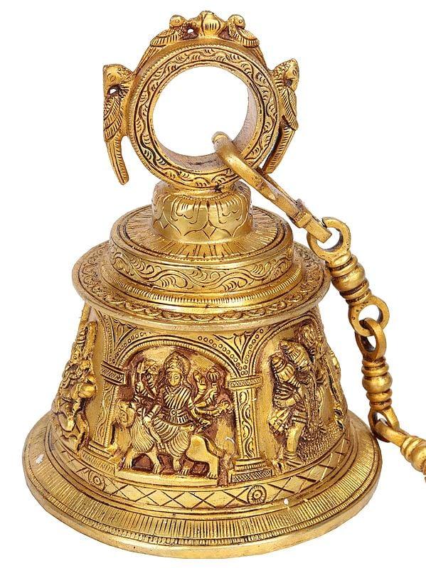 Exotic India 7" Brass Temple Hanging Bell With Images Of Lord Shiva Hanuman Ganesha Goddess Lakshmi Durga And Radha Krishna 