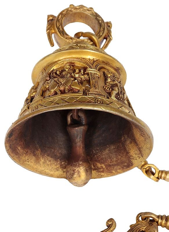 Exotic India 7" Brass Temple Hanging Bell With Images Of Lord Shiva Hanuman Ganesha Goddess Lakshmi Durga And Radha Krishna 