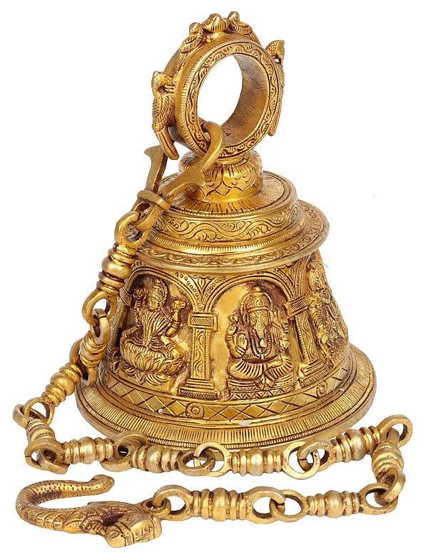 exotic india 7" Brass Temple Hanging Bell with Images of Lord Shiva Hanuman Ganesha Goddess Lakshmi Durga and Radha Krishna 