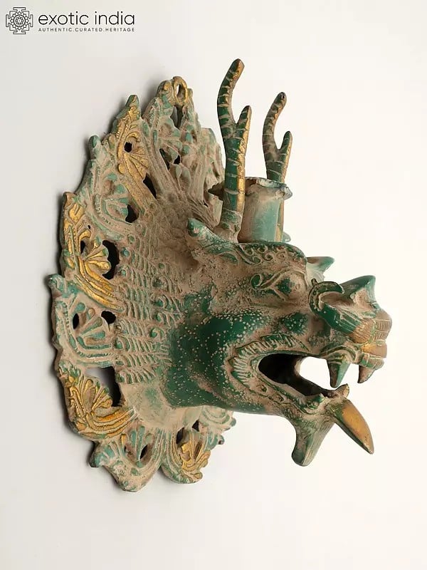 Exotic India 7" Brass Yamantaka Wall Hanging Mask With Candle Stand | Made In India 