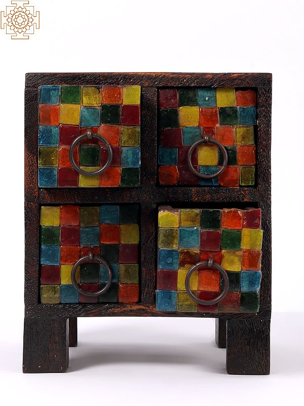 Exotic India 7'' Chest Of Drawers With Colourful Glass Work | Wood And Glass | Home Decor
