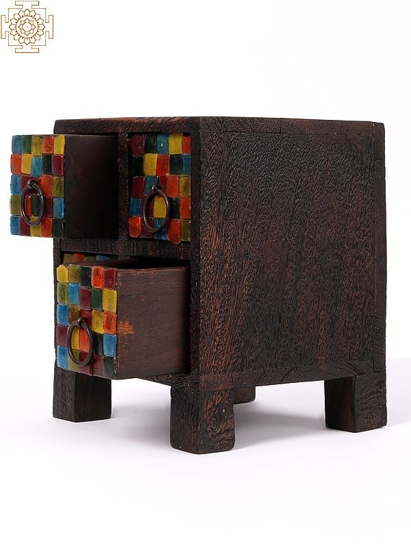 Exotic India 7'' Chest Of Drawers With Colourful Glass Work | Wood And Glass | Home Decor