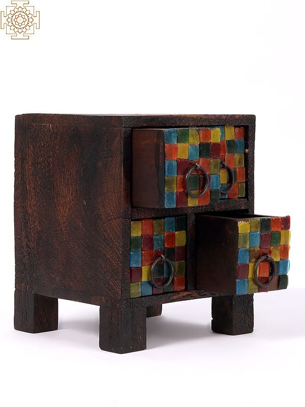 Exotic India 7'' Chest Of Drawers With Colourful Glass Work | Wood And Glass | Home Decor