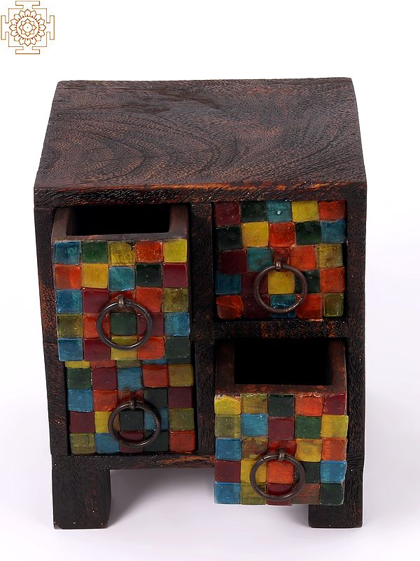 exotic india 7'' Chest Of Drawers With Colourful Glass Work | Wood and Glass | Home Decor 
