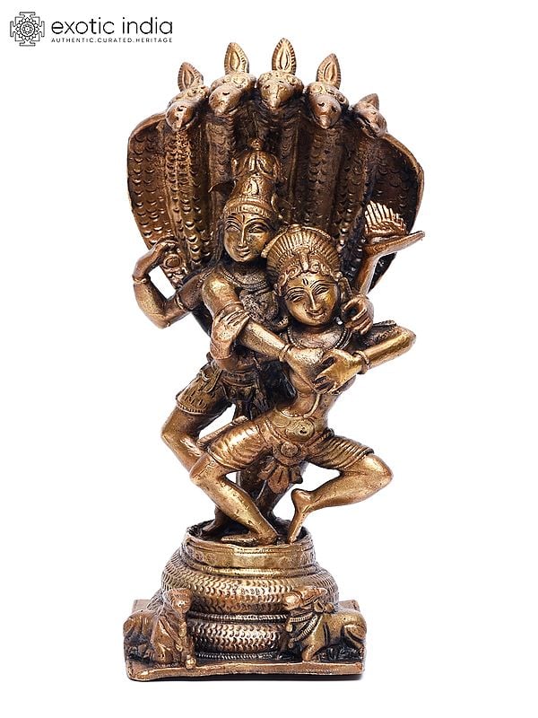 exotic india 7" Dancing Shiva Parvati with Protecting Naag | Copper Statue 