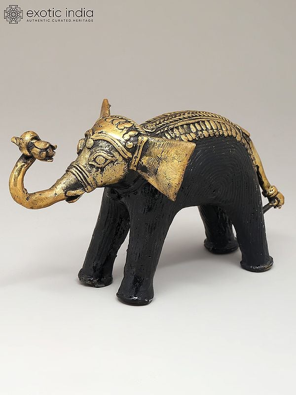 exotic india 7" Decorative Cute Elephant Holding Flower | Dhokra Art | Table Decor 