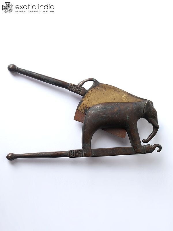 Exotic India 7" Elephant Design Betel Nut Cracker In Bronze And Iron 
