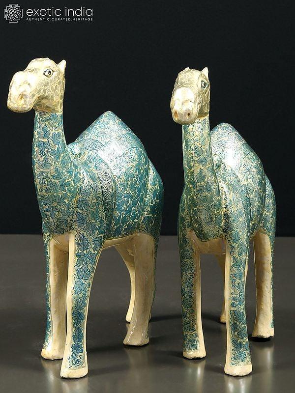 Exotic India 7" Hand Painted Papier Mache Pair Of Camels Figurine | From Kashmir | Home Decor 