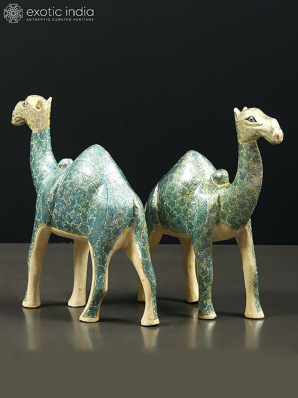 Exotic India 7" Hand Painted Papier Mache Pair Of Camels Figurine | From Kashmir | Home Decor 