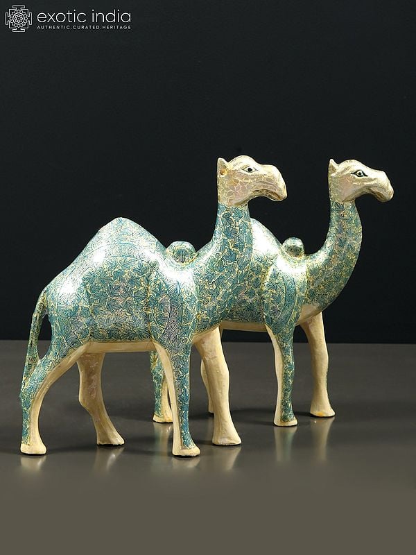 Exotic India 7" Hand Painted Papier Mache Pair Of Camels Figurine | From Kashmir | Home Decor 
