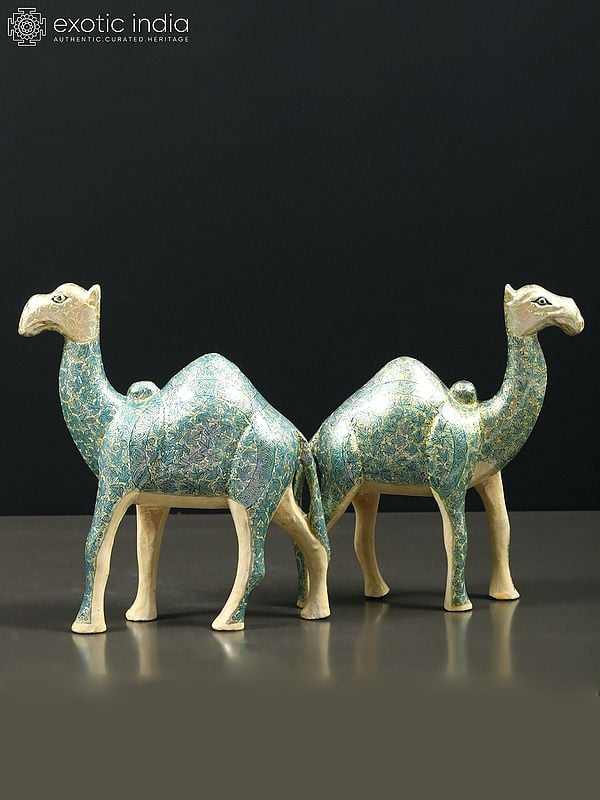 exotic india 7" Hand Painted Papier Mache Pair of Camels Figurine | From Kashmir | Home Decor 