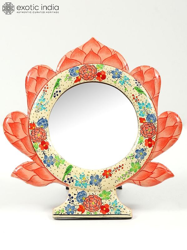 Exotic India 7" Hand-Painted Wood Based Papier Mache Mirror With Stand | From Kashmir