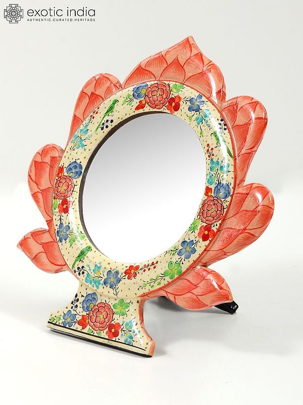 Exotic India 7" Hand-Painted Wood Based Papier Mache Mirror With Stand | From Kashmir