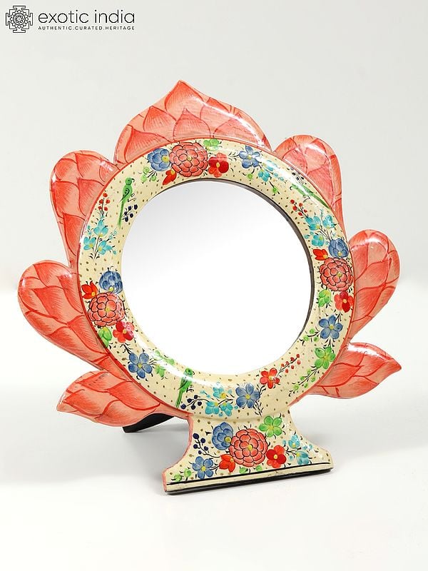 exotic india 7" Hand-Painted Wood Based Papier Mache Mirror with Stand | From Kashmir 