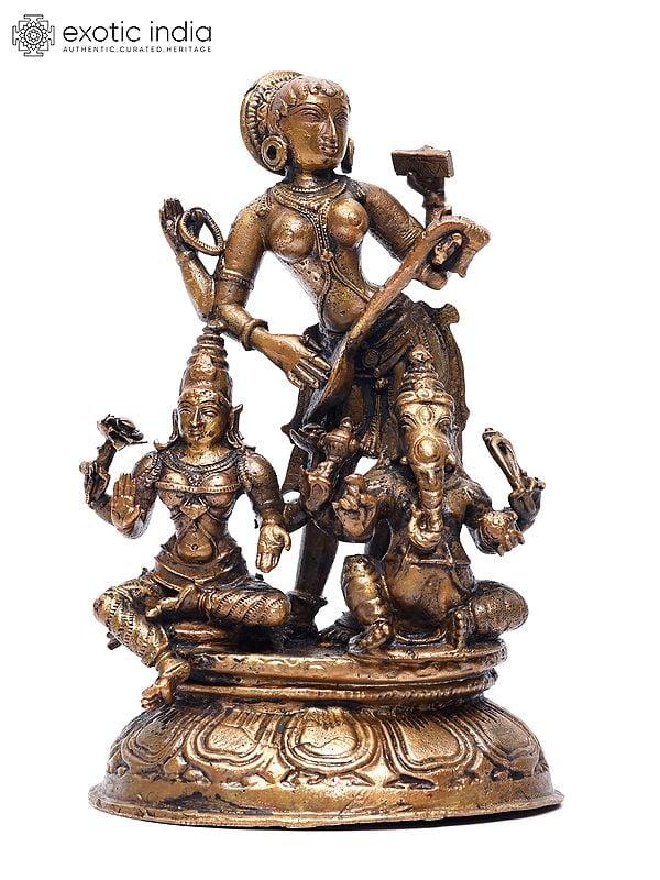 exotic india 7" Lakshmi Ganesha Saraswati | Copper Statue 