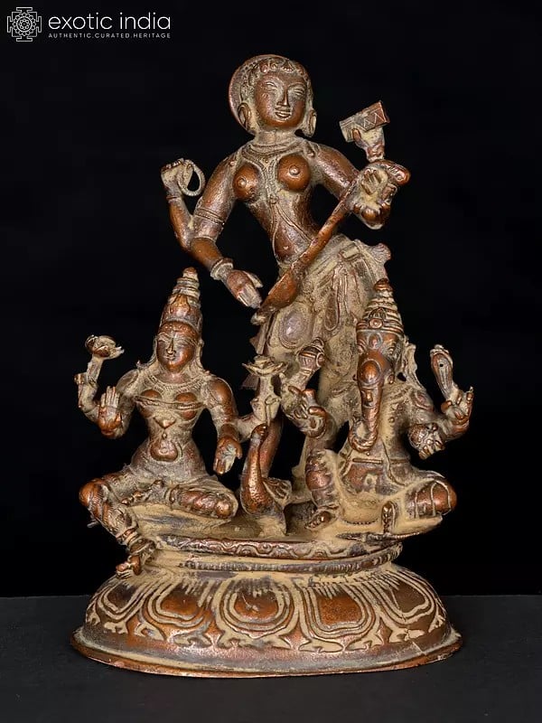 exotic india 7" Lakshmi Ganesha Saraswati | Copper Statue 